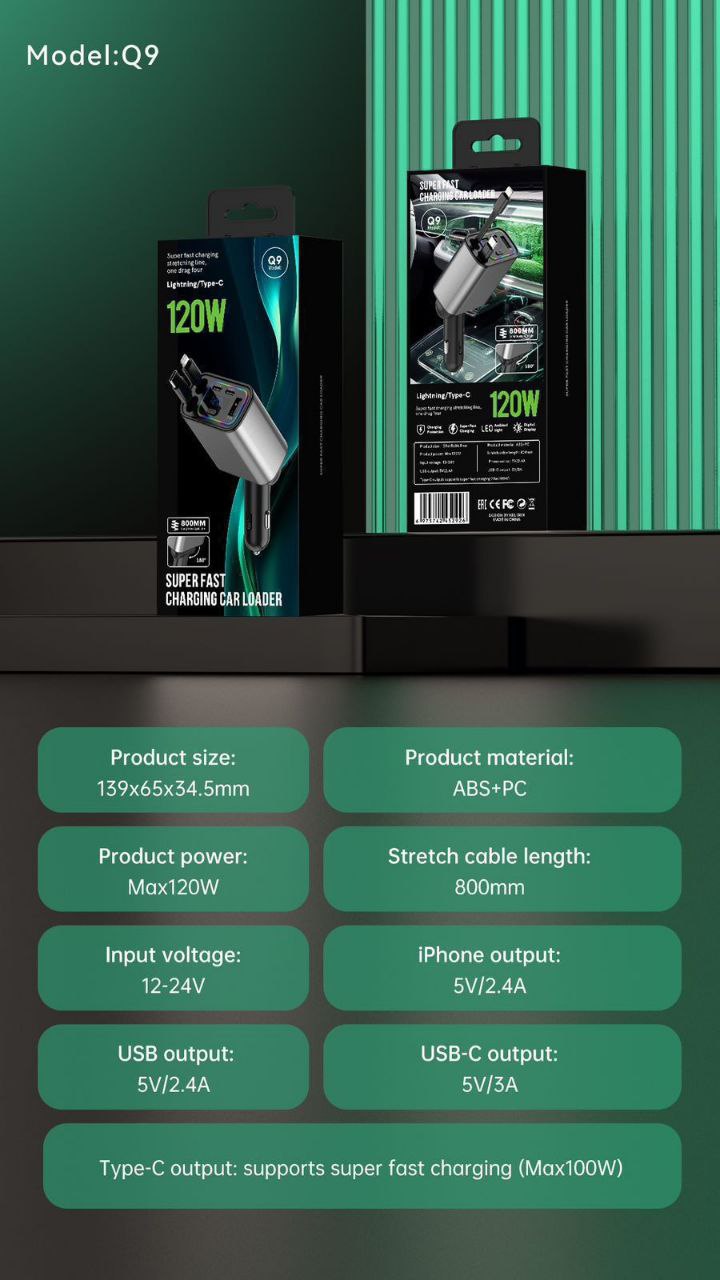 Q9 Super Fast Charging Car Charger - 120W | Lightning/Type-C